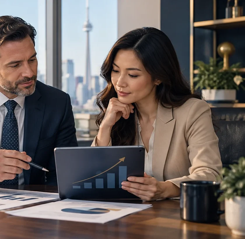 Ontario small-business owner reviewing corporate tax information with an adviser
